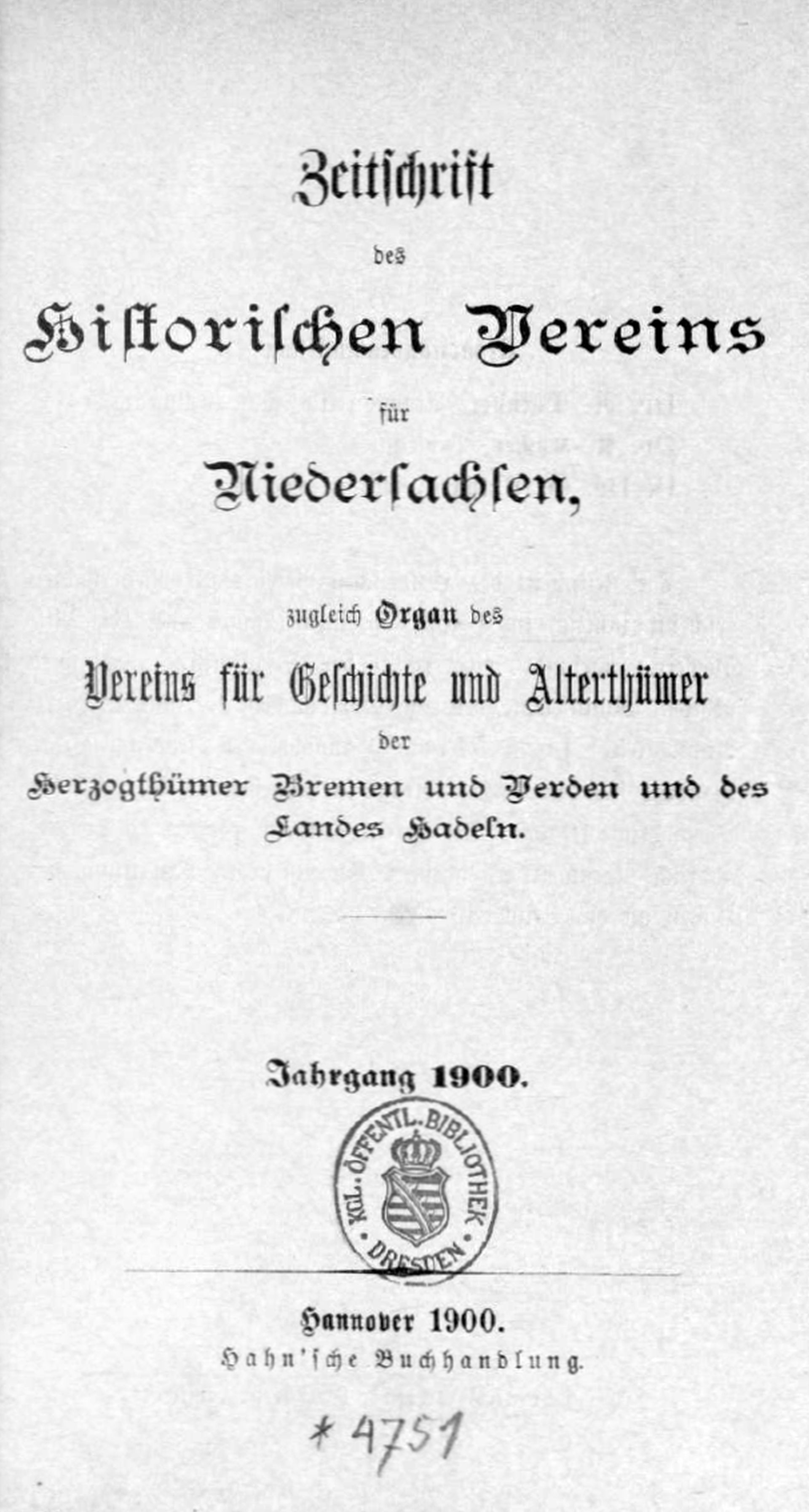 Titelseite der Zeitschrift des Historischen Vereins Niedersachsen, Jahrgang 1900
